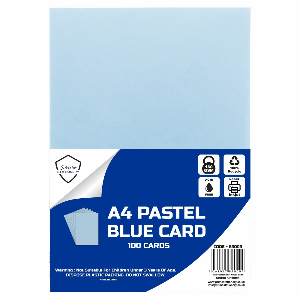 Prime A4 Pastel Blue Card 160 GSM 100 Sheets